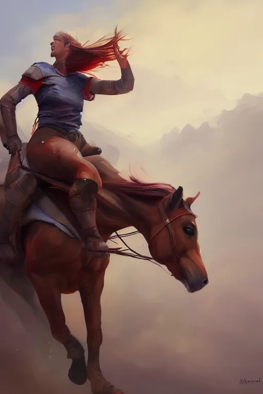 Prompt: a painting of a person riding a horse, a digital painting by mandy jurgens, trending on artstation, action painting, speedpainting, detailed painting, 2 d game art