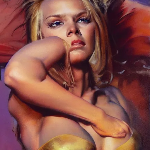 Image similar to ultra realistic portrait painting of a blonde girl as an outlaw, art by frank frazetta, vintage levi ’ s ad, stormy weather, dark vibes, 4 k, ultra realistic, highly detailed, epic lighting