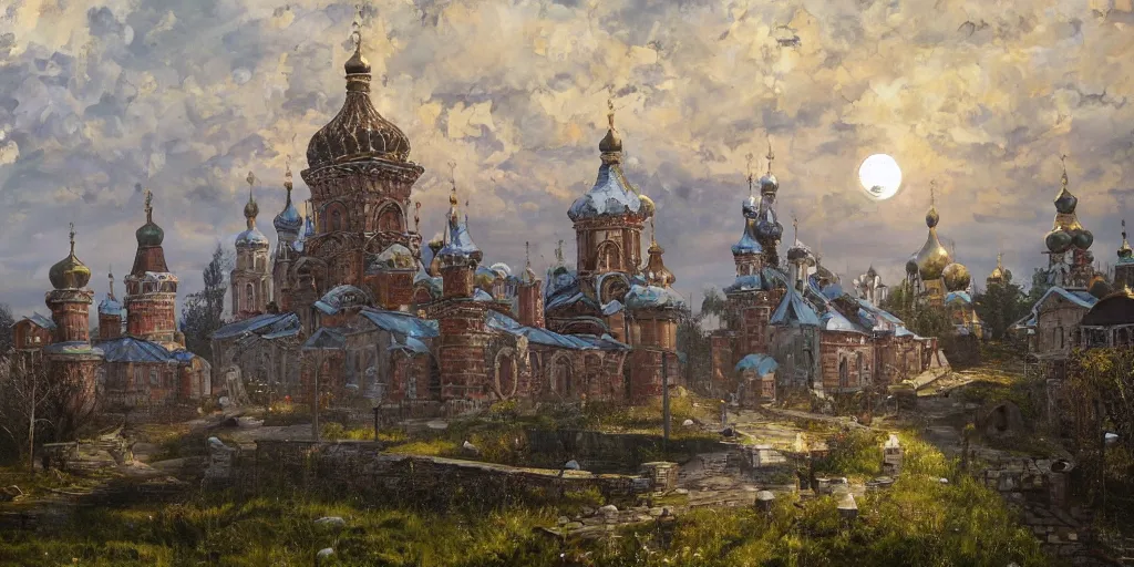 Image similar to beautiful magical ancient Slavic city of Kitezh, oil painting, painting by Viktor Vasnetsov, concept art, fantasy cityscape, ancient Russian architecture, painting by Ivan Shishkin, hyperborea, magic mist, high resolution, trending on artstation,