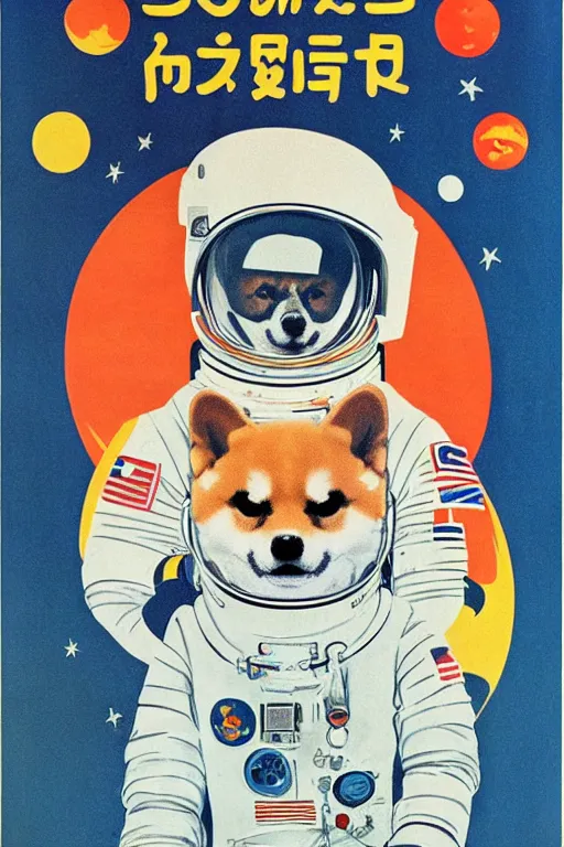 Image similar to Shiba Inu cosmonaut portrait, moon mission, 60s poster, 1968 Soviet Japanese