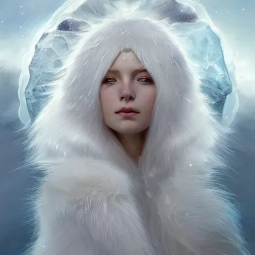 Image similar to portrait of mighty baby harp seal god, white hair, soft hair, d & d, powerful, ice and glaciers, arctic, fantasy, intricate, elegant, highly detailed, digital painting, artstation, concept art, smooth, sharp focus, illustration, art by artgerm and greg rutkowski and alphonse mucha