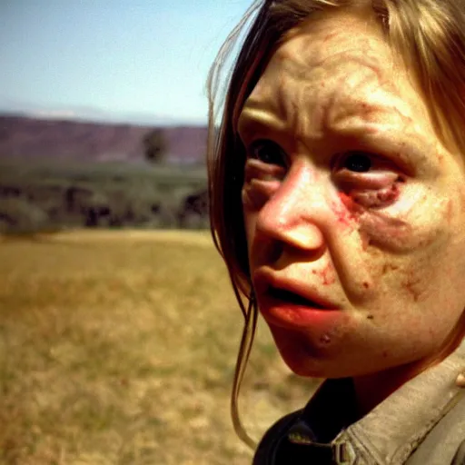 Prompt: too realistic film prop of the very ugly face of evil daughter living in rural Utah, 2003 cinematography