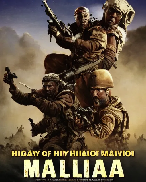 Prompt: Movie poster of the invasion of Mali, Highly Detailed, Dramatic, Heroes, A master piece of storytelling, wide angle, cinematic shot, Violent, highly detailed, cinematic lighting, by frank frazetta + ilya repin , 8k, hd, high resolution print