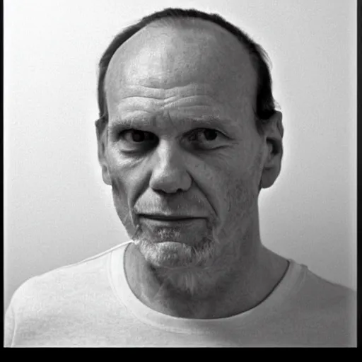 Image similar to A mugshot portrait of a middle aged older man who looks like Jerma985 with a receding hairline and short mid-length wavy hair, wearing mid-1980s menswear in the late 2008, taken in the late 1980s, grainy, realistic, hyperrealistic, very realistic, highly detailed, very detailed, extremely detailed, detailed, trending on artstation, front facing, front view, headshot and bodyshot, detailed face, very detailed face