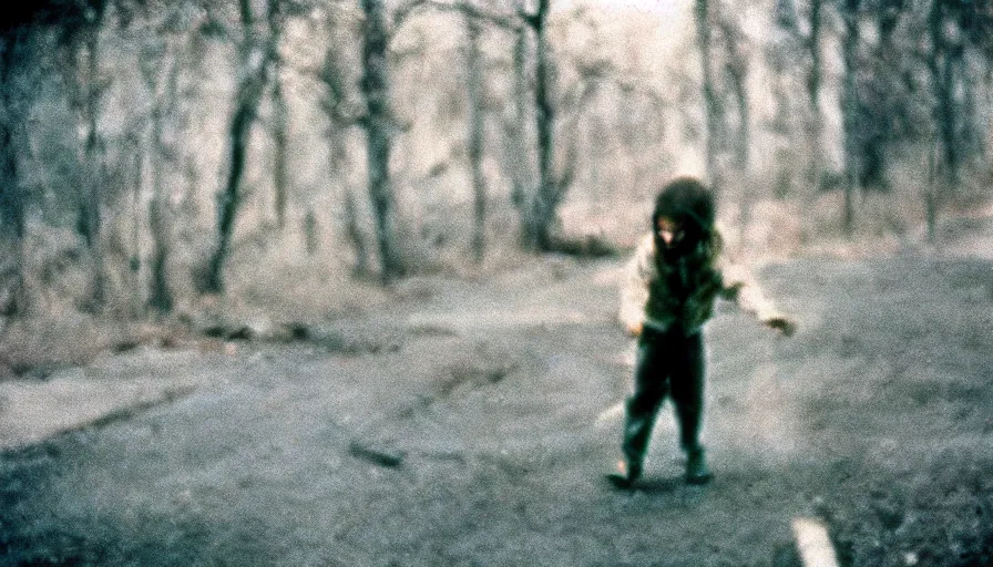 Prompt: 7 0 s film still from a horror movie about a child stabbing undead zombies, kodachrome, cinecolor, cinestill, film grain, film texture, retro, cinematic, high resolution, photorealism,