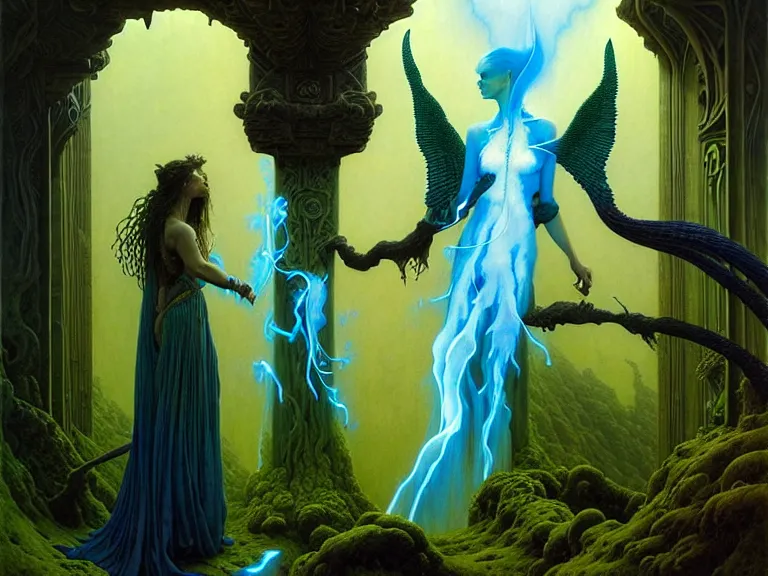 Prompt: the female arcanist and the male artificer by ferdinand knab and roger dean and brom and zdzisław beksinski and greg staples and louis janmot, beautiful, flowing magical robe, highly detailed, hyperrealistic, intricate, energy, electric, blue flame, low light, green crystal, high contrast, old and young, lifelike