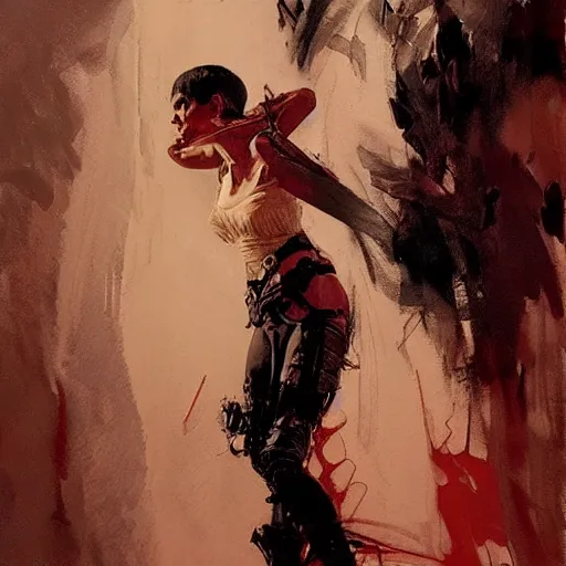 Image similar to alison brie as furiosa, intricate, elegant, highly detailed, greg manchess, mucha, liepke, ruan jia, jeffrey catherine jones, ridley scott