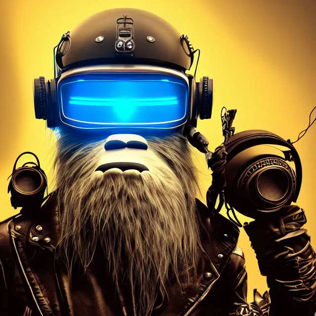 Image similar to a portrait of an anthropomorphic cyberpunk yeti in a motorcycle helmet, detailed render, tape deck, boombox, headphones, epic composition, cybernetics, 4 k realistic, cryengine, realistic shaded lighting, sharp focus, masterpiece, by matteo scalera, gary montalbano, peter elson in the style of the tokyo ghost comic