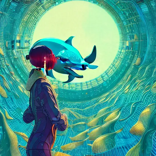 Image similar to a beautiful hyperdetailed character design 4 k wallpaper illustration of a cute dolphin and a beautiful girl, victo ngai cyberpunk style, from china, style of studio ghibli, makoto shinkai, raphael lacoste, louis comfort tiffany, artgerm, james jean, ross tran, chinese style
