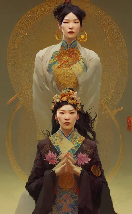 Image similar to personification of china, highly detailed, digital painting, artstation, concept art, sharp focus, illustration, art by greg rutkowski and alphonse mucha