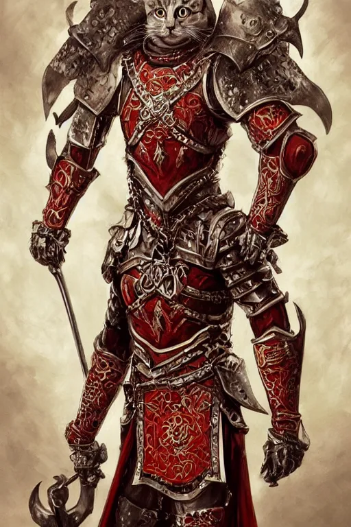 Prompt: Anthropomorphized cat in full armor carrying Sword and Shield, full body, menacing pose, concept art, insanely detailed and intricate, hypermaximalist, elegant, ornate, hyper realistic, super detailed, tribal red atmosphere, Art Deco, cinematic, trending on artstation, magic the gathering artwork, centered