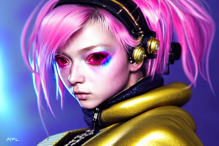 Image similar to hyperdetailed close portrait of a stunningly beautiful pink cyberpunk cute european girl made of metals and shiny iridescent gems, dark rainbow nimbus, gold necklace, puffer jacket, inspired by ross tran and masamune shirow and kuvshinov, intricate, photorealistic, octane render, rtx, hdr, unreal engine, dnd digital art by artgerm