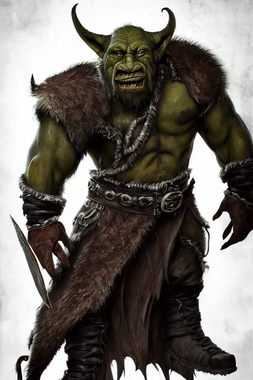 Image similar to A full body shot of a handsome orc looking into the camera wearing a leather fur jacket and leather boots, full body shot, detailed face, orc, portrait, artstation, realistic, highly detailed, symmetrical, D&D, Dungeons & Dragons, hyper realistic, dynamic pose, high detail, octane render, unreal engine, 8k, fantasy art, highly detailed, dramatic lighting, concept art