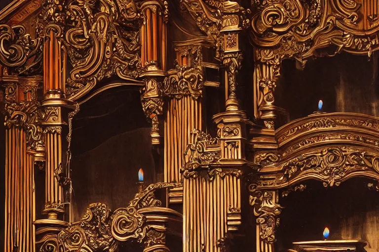 Image similar to pipe organ shape carved into dark smoke, high detail baroque oil painting