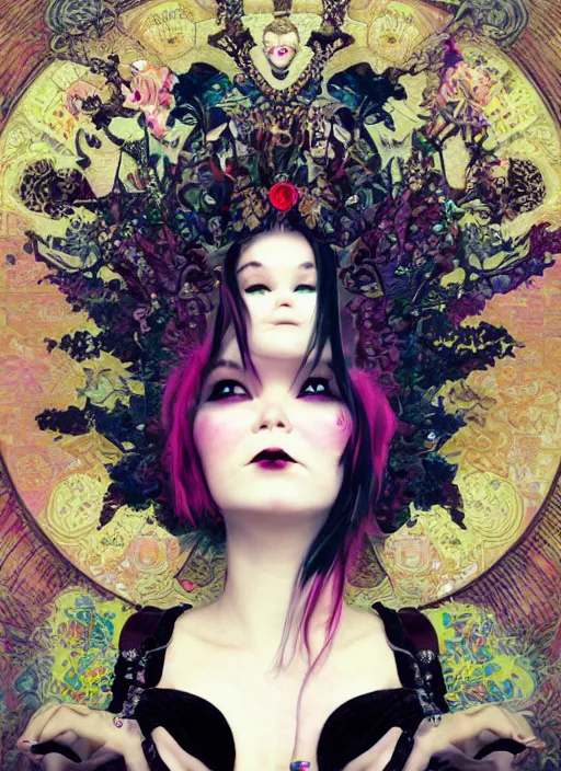 Image similar to cute punk goth fashion fractal young Bjork posing by Zhang Jingna, poster art by Hannah Höch Victor Moscoso Dan Mumford Kilian Eng Hannah Jeffrey Smith Rick Griffin Alphonse Mucha Gustav Klimt Ayami Kojima Amano Charlie Bowater, violet and black