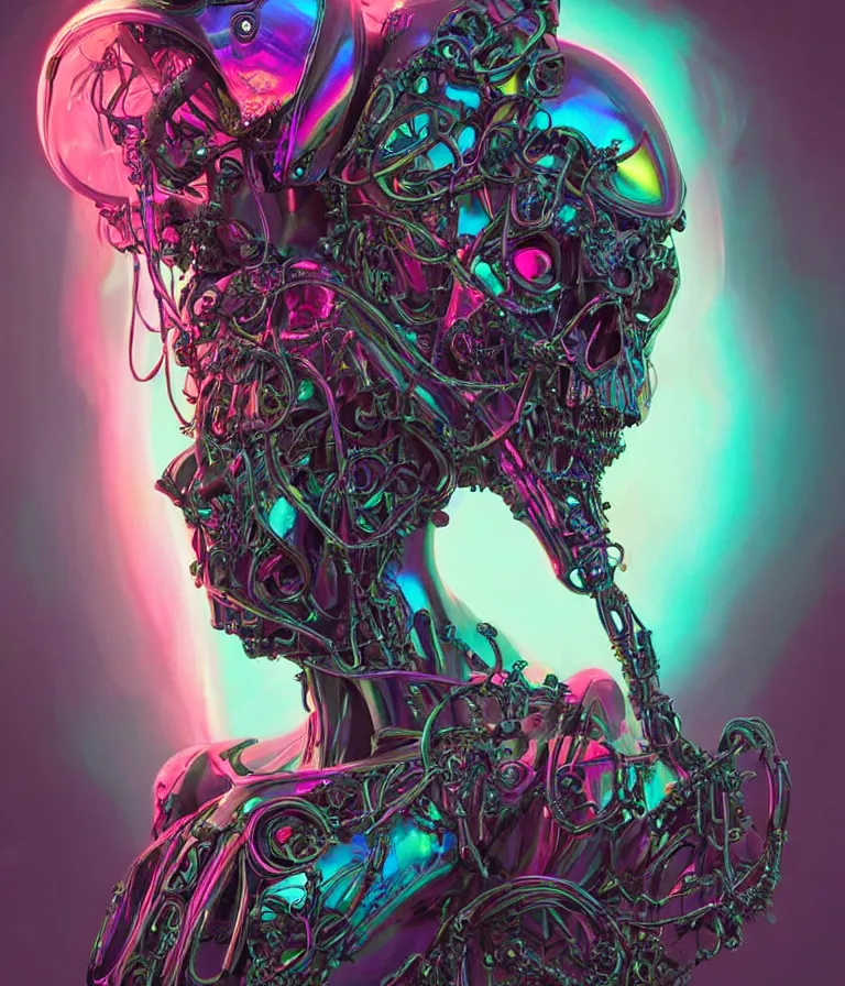 Image similar to fully symmetrical centered iridescent portrait of a beautiful princess of death in robe. skulls artificial muscles, ribcage, bones, hard surface modelling. cyberpunk look. biomechanical mask. bio luminescent biomechanical halo around head. neon jellyfish. artwork by jarold Sng by artgerm, by Eddie Mendoza, by Peter mohrbacher by tooth wu, unreal engine, octane render, cinematic light, high details, iridescent colors, dichroic, macro, depth of field, blur