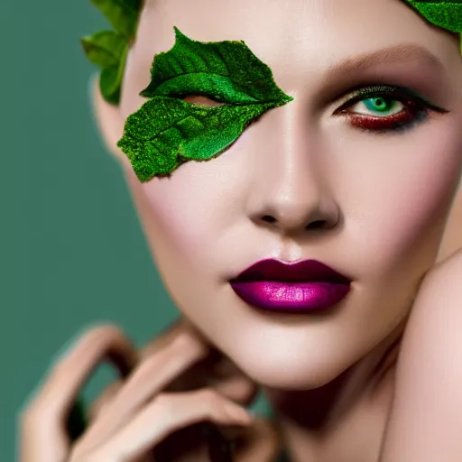 Image similar to poison ivy modeling for vogue magazine, starlet, adorable, beautiful, shiny, octane render, 8k, hyper realistic,