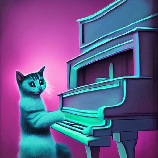 Image similar to an fluffy cat playing an piano, synthwave, digital art, oil painting, 3 d