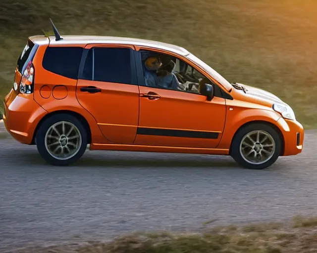 Prompt: border collie dog driving an orange nissan note, rally driving photo, award winning photo, golden hour