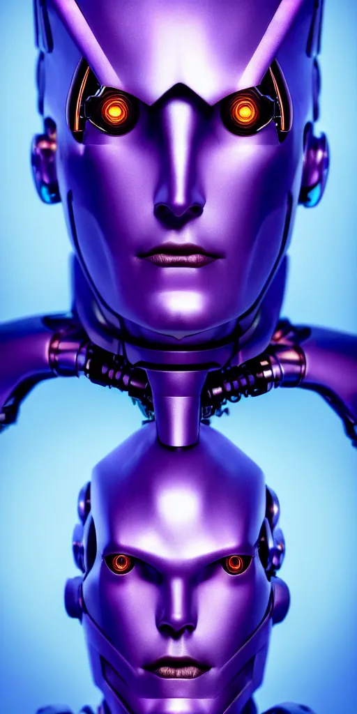 Prompt: hyperrealistic close-up of art deco cyborg man with purple hair and pearlescent blue skin wayne barlowe machiej kuciara very dramatic lighting on one side wide angle 35mm shallow depth of field