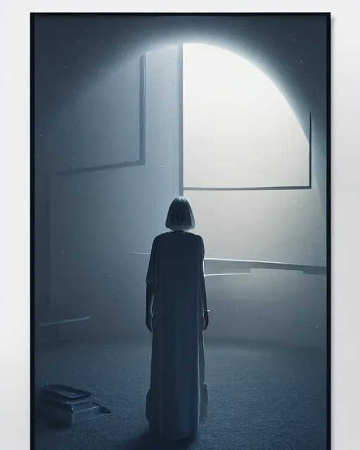 Image similar to a person standing in front of an open door, poster art by mike winkelmann, trending on cg society, space art, sci - fi, ue 5, futuristic, volumetric lighting