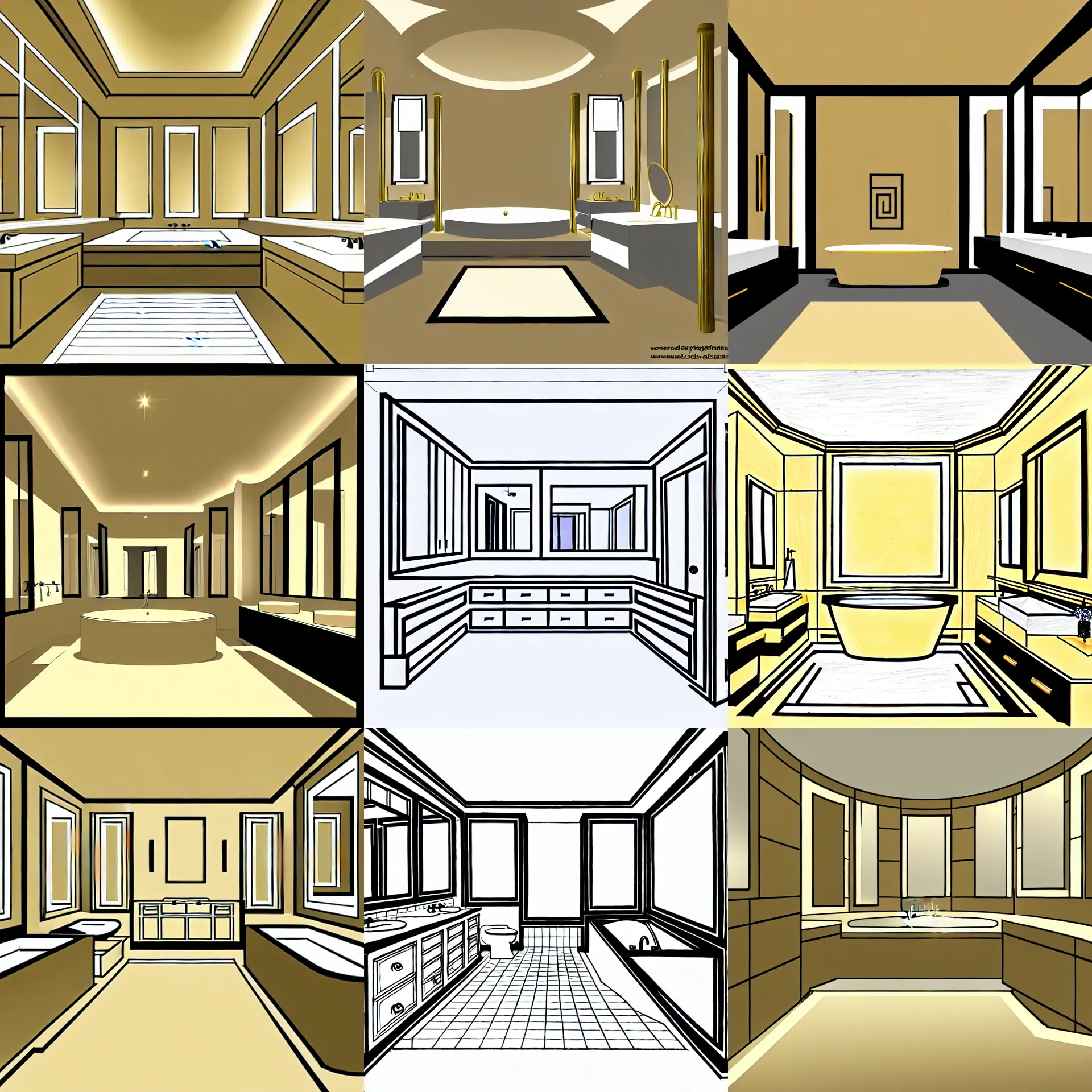 Prompt: detailed drawing of a modern master bathroom golden ratio, symmetrical, award winning, designer, architect, engineer, technical