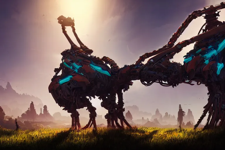 Prompt: tallneck machine mecanical creature robot of horizon forbidden west horizon zero dawn radiating a glowing aura global illumination ray tracing hdr fanart arstation by ian pesty and alena aenami artworks in 4 k