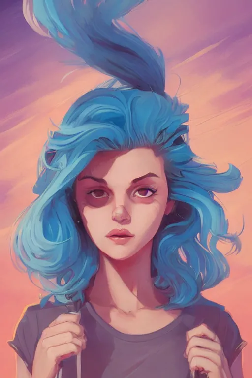 Prompt: portrait painting of a teenage girl with swept back wild blue hair, smirking, fashionable, windy, sharp focus, award - winning, cinematic pose, cinematic lighting, trending on artstation, masterpiece, highly detailed, intricate. art by josan gonzales and moebius and deathburger
