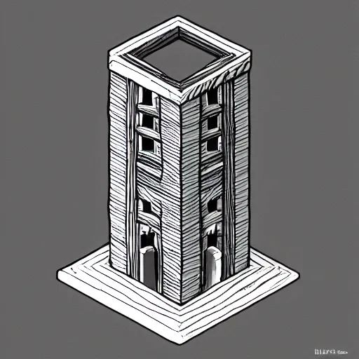 Image similar to isometric view of a wizard tower, lineart, sharp edges, colorized