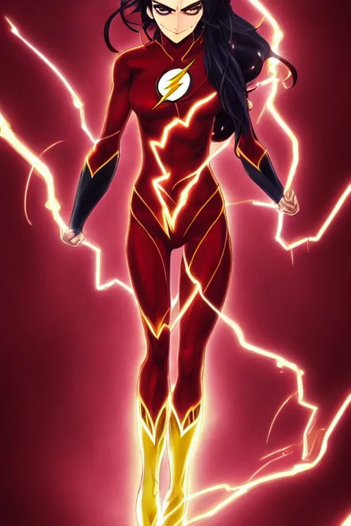 Image similar to anime key visual of a beautiful female the flash!! intricate, red, black, gold suit, powers, speed, lightning hate, dc comics, cinematic, stunning, highly detailed, digital painting, artstation, smooth, hard focus, illustration, art by artgerm and greg rutkowski and alphonse mucha