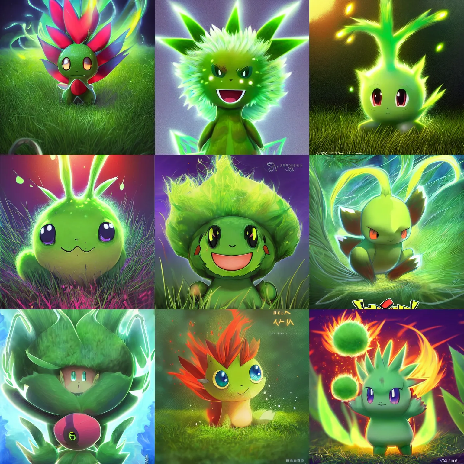 Prompt: a cute little grass type pokemon, green fire bursting out of his hair, highly detailed digital art, 3 d perspective, award - winning illustration, aesthetic, smooth, pokemon style, made by yuka morii and aaron blaise, from the pokemon anime