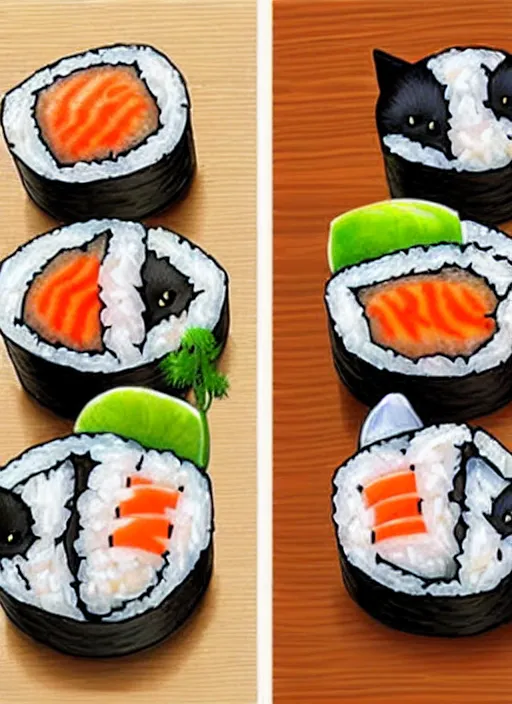 Image similar to clear photorealistic picture of adorable cats made out of sushi