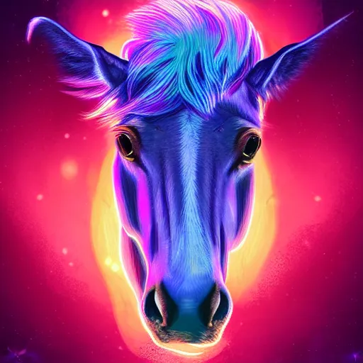 Prompt: digital horse stare, retrowave palette, highly detailed, anatomically correct equine, synth feel, smooth face, ear floof, flowing mane, no reins, super realism, accurate animal imagery, 4 k digital art