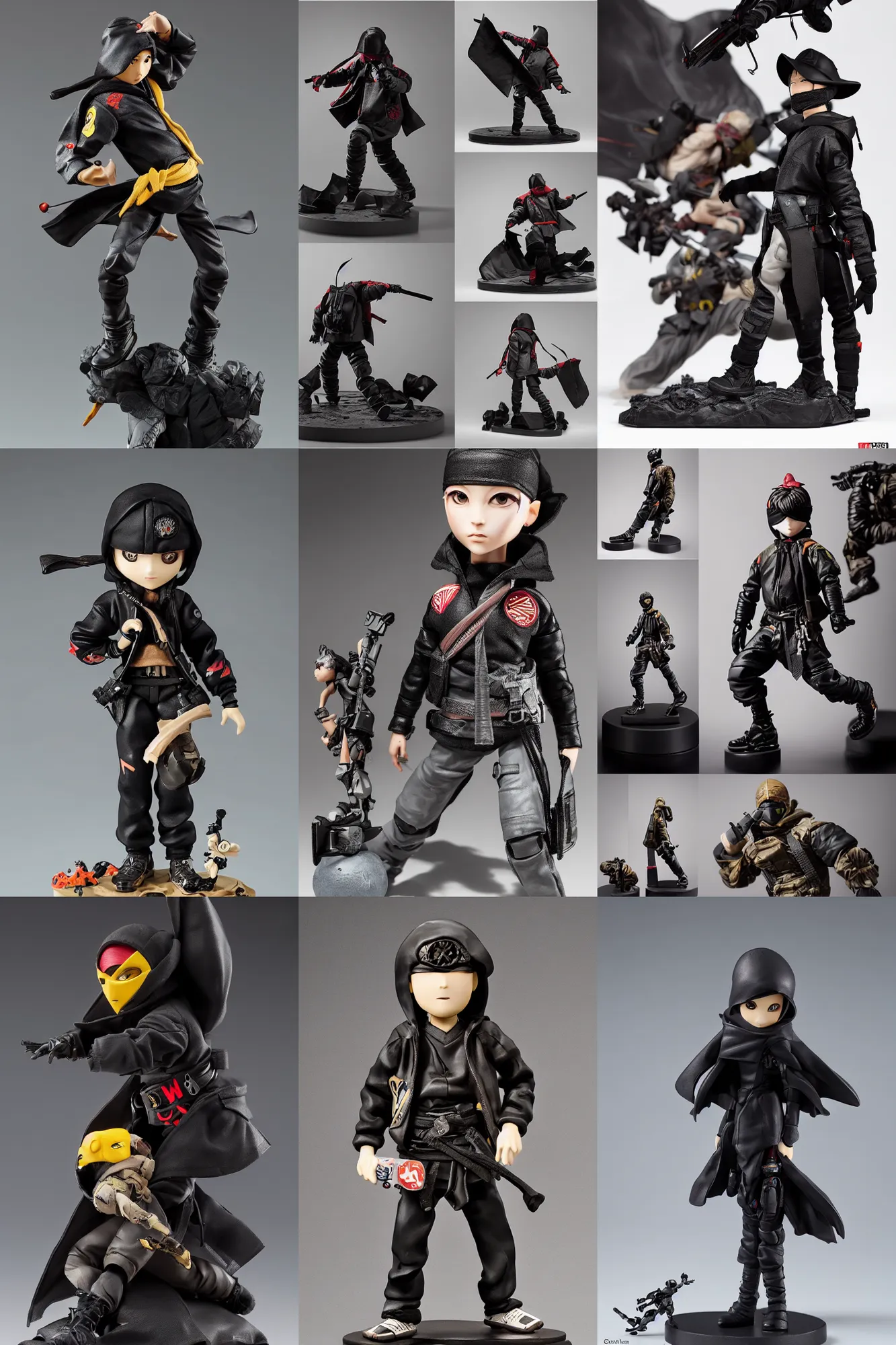 Prompt: a beautiful art toy figurine by ashley wood and world of 3 a, ninja with a black bomber jacket, 3 a toys, dark background, dramatic studio light