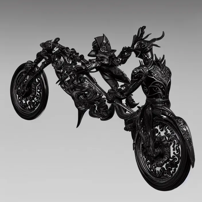 Image similar to fine art statue of black egyptian god anubis on a surrealist motorbike, ebony art deco, carved black marble, inlaid with ebony and gold accents, ebony rococo, wings black lace wear, sculpted by spider zero, zaha hadid, beautifully lit, hyper detailed, intricate, elite, ornate, photorealistic, micro details, 3 d sculpture, ray trace