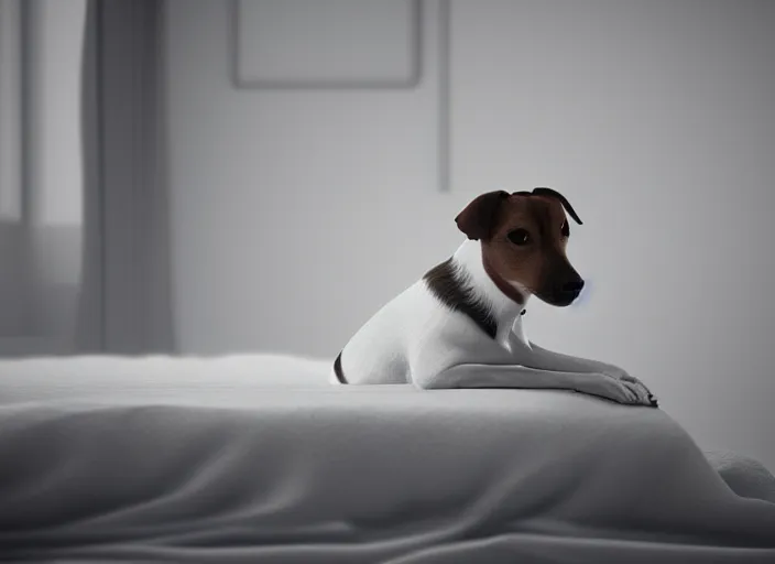 Image similar to photography of a Jack Russel . watching outside the window. on a bed .in a 3d rendered white room. octane render, 3d, foggy, volumetric light, volumetric fog, photorealistic, unreal engine 5, award winning photo, 100mm, sharp, cloth, high res