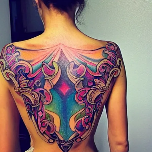 Prompt: tattoo along female back, epic, colorful, beautiful, intricate detail