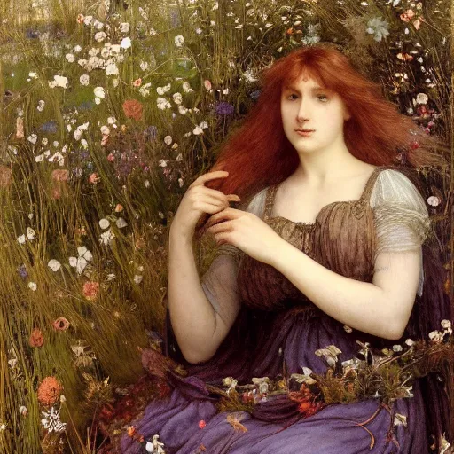 Image similar to beautiful pre - raphaelite woman, flower halo, flowing gown with empire waist in a wildflower meadow, floating leaves, fairys and flower petals in background, painterly, briar patch, thorns, dreamy, painted by jeremy mann, edward burne - jones, and john everett millais, alma tadema, ethereal, stunning, god rays, detailed