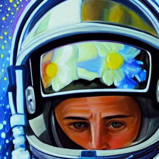 Image similar to a close up painting of an astronaut floating in space. his helmet visor is dark and reflective. you can see the reflection of flowers in his helmet visor.