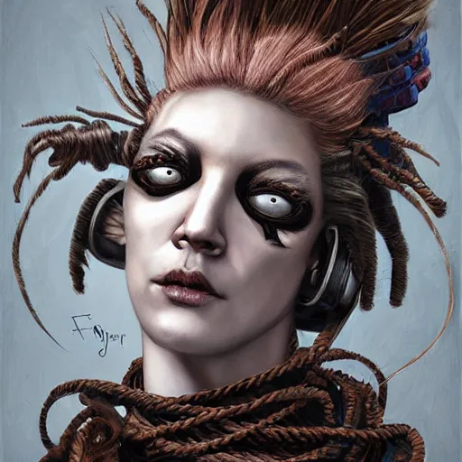 Image similar to portrait of a Shibari rope wrapped face and neck, headshot, insanely nice professional hair style, dramatic hair color, digital painting, of a old 17th century, old cyborg merchant, amber jewels, baroque, ornate clothing, scifi, realistic, hyperdetailed, chiaroscuro, concept art, art by Franz Hals and Jon Foster and Ayami Kojima and Amano and Karol Bak,