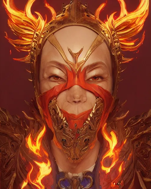 Prompt: happy mask salesman!! from zelda, full body photo, flames everywhere, highly detailed, digital painting, artstation, concept art, smooth, sharp focus, illustration, art by artgerm and greg rutkowski and alphonse mucha