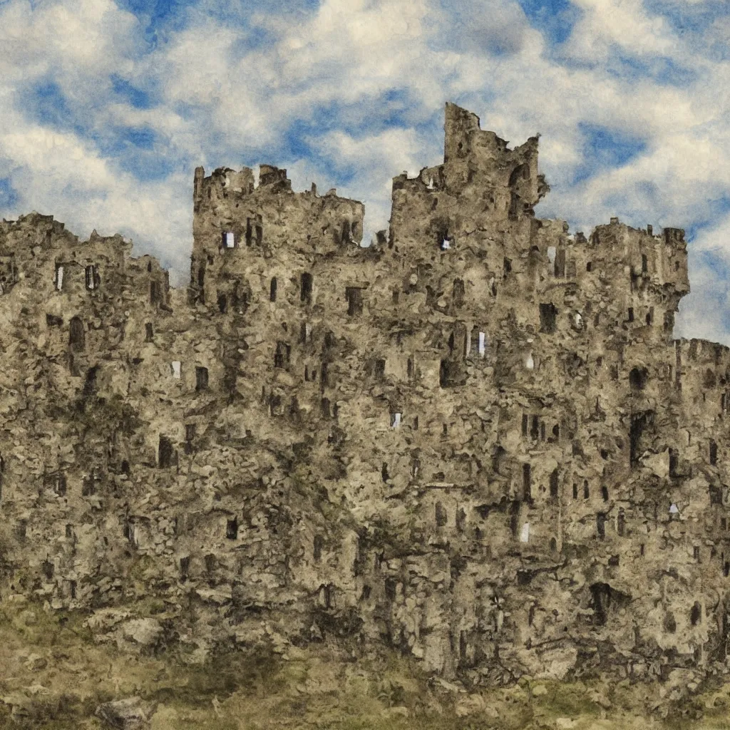 Image similar to ruins of a castle in a dry moutain with a cloudy sky, digital painting, impressinism