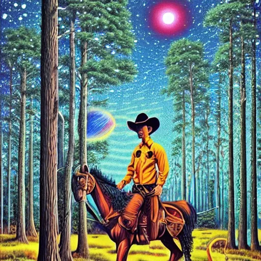 Prompt: psychedelic, trippy, cowboy, pine forest, horse, planets, milky way, cartoon by rob gonsalves