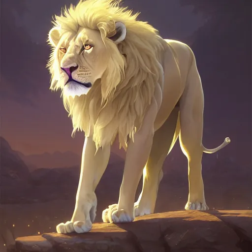 Image similar to commission of an anthro albino lion wearing golden victorian armor, game design fanart by concept artist gervasio canda, behance hd by jesper ejsing, by rhads, makoto shinkai and lois van baarle, ilya kuvshinov, rossdraws global illumination radiating a glowing aura global illumination ray tracing hdr render in unreal engine 5, dramatic