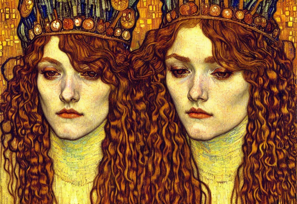 Image similar to detailed realistic beautiful young medieval queen face portrait by jean delville, gustav klimt and vincent van gogh, art nouveau, symbolist, visionary, gothic, pre - raphaelite, muted earthy colors, desaturated