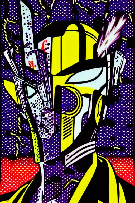 Image similar to futuristic japanese cyberpunk by roy lichtenstein, by andy warhol, ben - day dots, pop art, bladerunner, pixiv contest winner, cyberpunk style, cyberpunk color scheme, mechanical, high resolution, hd, intricate detail, fine detail, 8 k