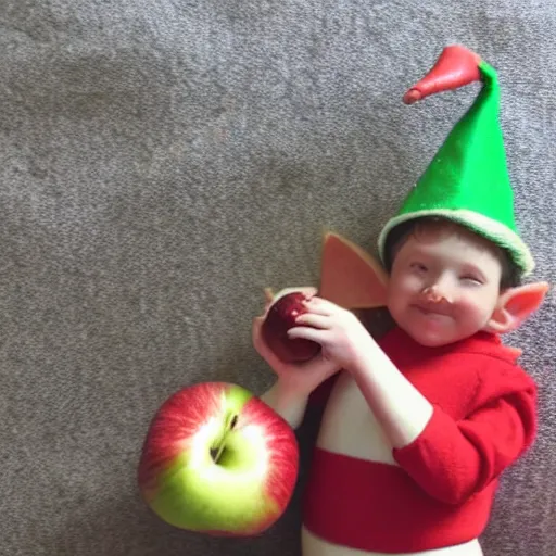 Image similar to a friendly elf eating an apple in the womb.