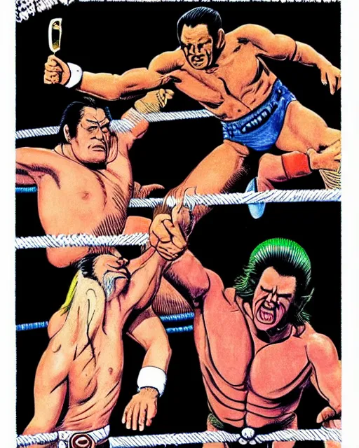 Prompt: incredible realistic antonio inoki vs ric flair, ( hyperreal detailed facial features and uv lighting, art by ed roth and basil wolverton )