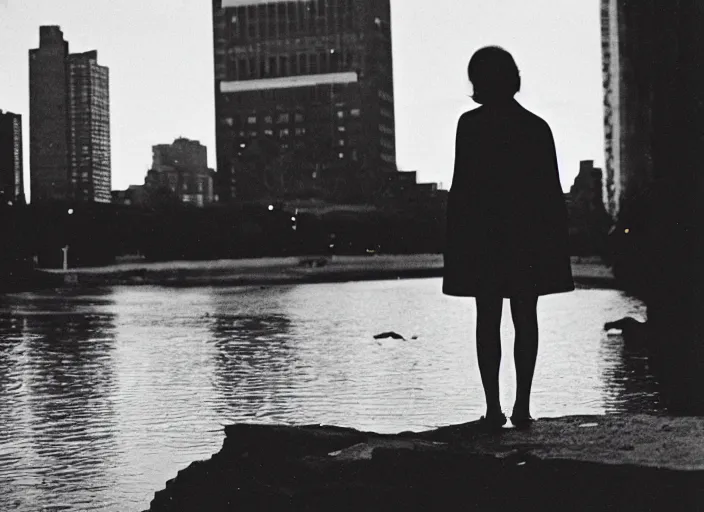 Image similar to a 35mm photograph from the back of a woman standing at the edge of a river in Harlem, New York City in the 1960's at sunset, bokeh, Canon 50mm, cinematic lighting, photography, retro, film, Kodachrome, award-winning, rule of thirds, golden hour