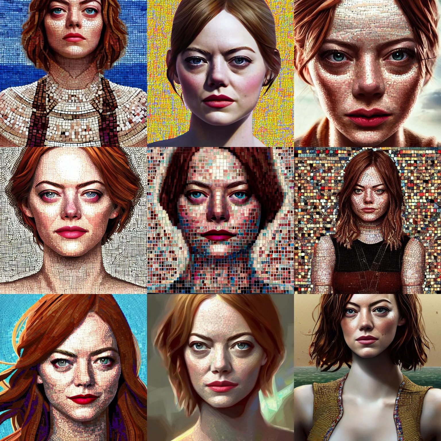 Prompt: beautiful zeugma mosaic of emma stone, significant pebbles boundaries, most beautiful mosaic in the history, high detail, realistic, accurate facial detailing, realistic composition, concept art, best of artstation, in the style of alfredo candelaresi